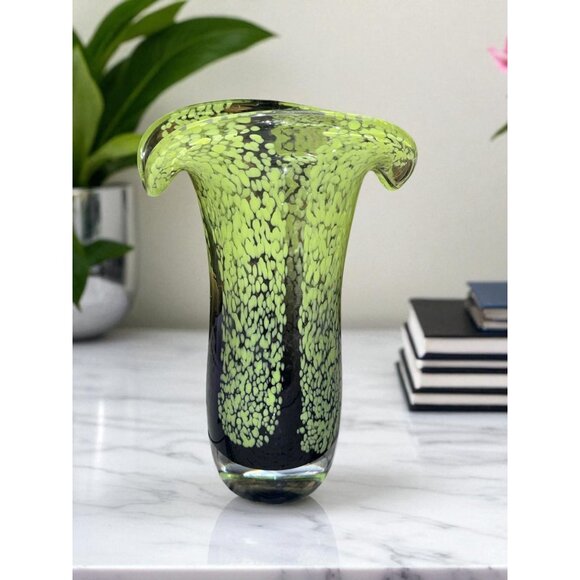 Unbranded Other - Lime Green Amethyst Purple Flared Edge Art Glass Murano Style Vase